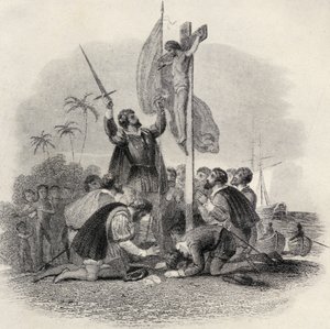 Columbus (1451-1506) landt in de Nieuwe Wereld, illustratie in 